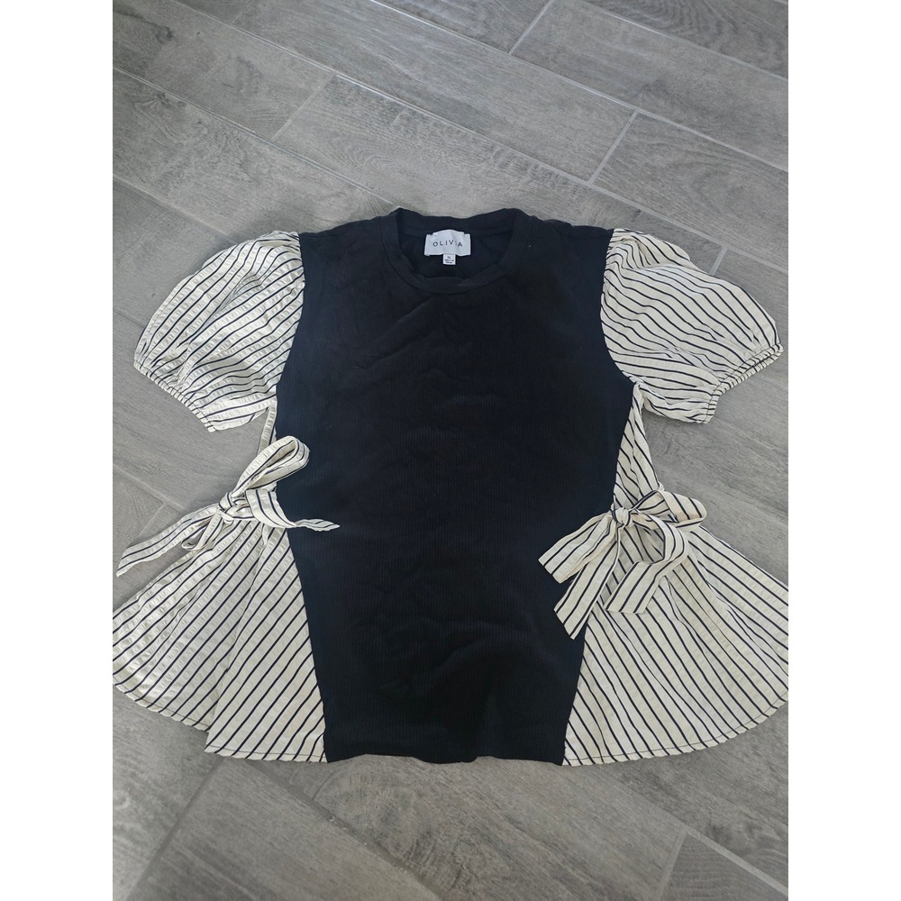 Olivia Black Ribbed Mixed Media Top Striped Puff Sleeve Side Tie Bow XL